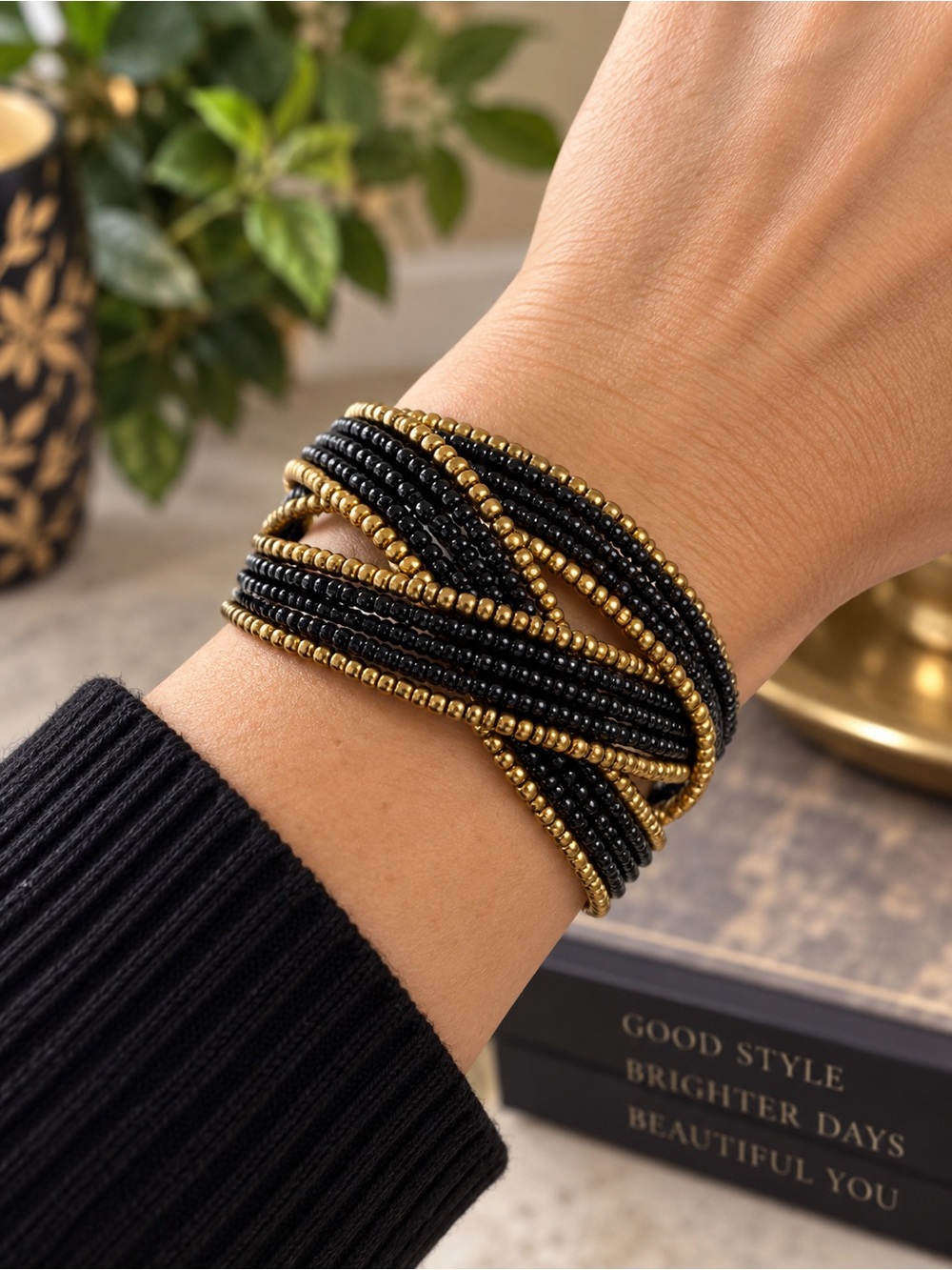 Black & Gold Tone Beaded Cuff Bracelet Multi Strand Crisscross Boho Jewelry